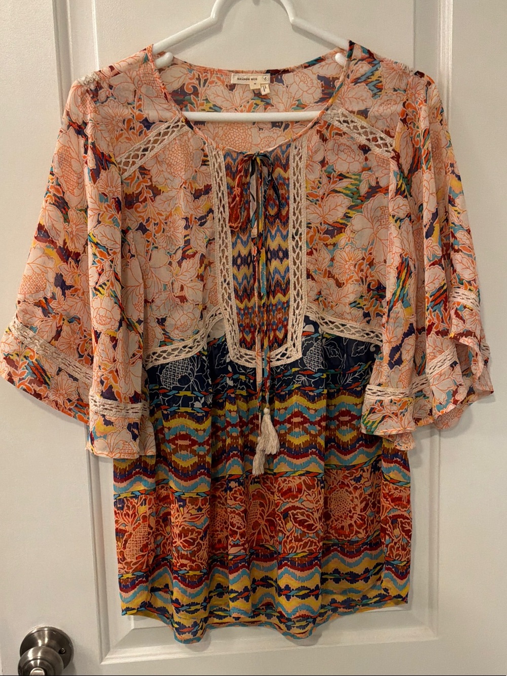 Meadow Rue Peach Multi Boho Mixed-Print Peasant Tunic
